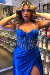 Glitter Royal Blue Satin Mermaid Spaghetti Straps Long Corset Prom Dress with Beading